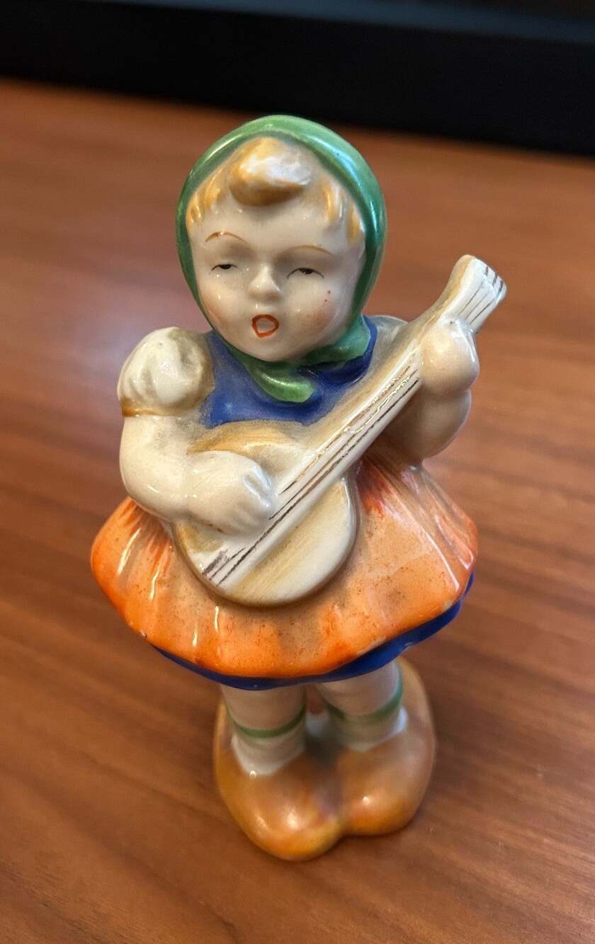 Occupied Japan Porcelain Figurine – Girl Playing Mandolin – Hand-Painted Vintage